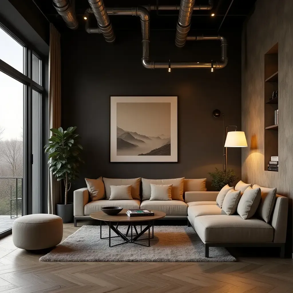 a photo of a modern living room with industrial pipes and warm lighting