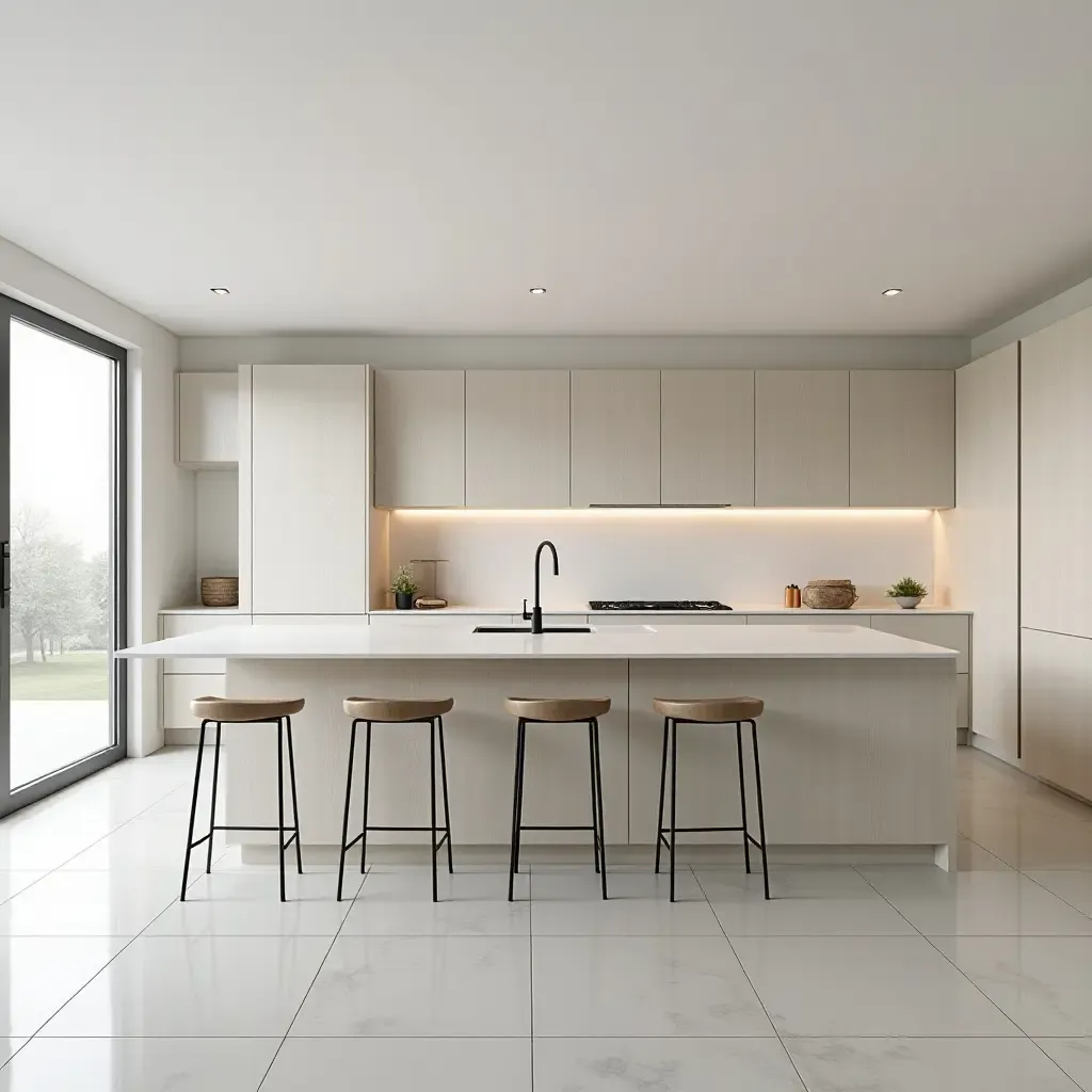 a photo of a minimalist kitchen with a large island and bar stools