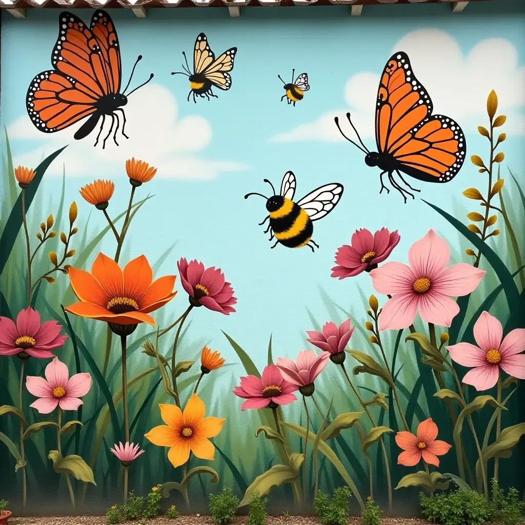 a photo of a mural with butterflies and bees in a garden