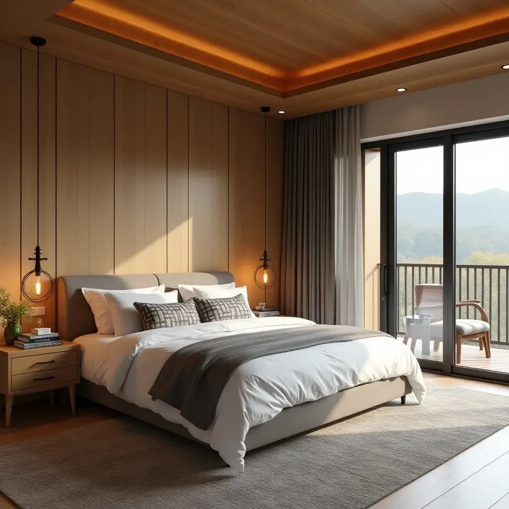 a photo of a bedroom with wooden elements and patterned textiles