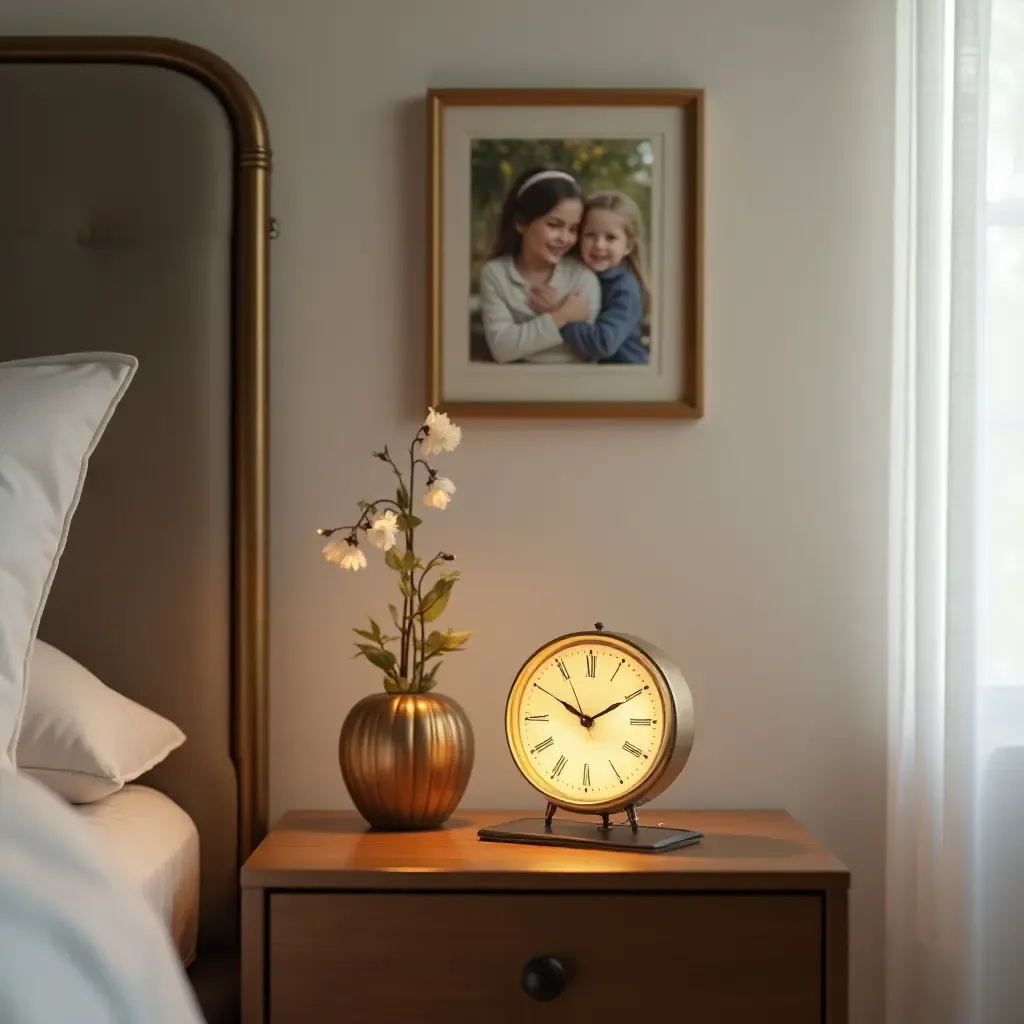 a photo of a nightstand with a beautiful clock and framed memories