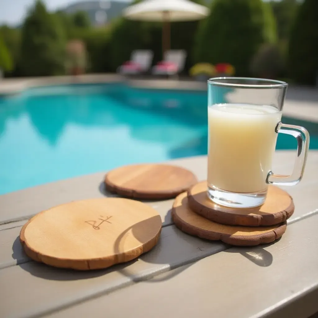 a photo of wooden coasters on a poolside table