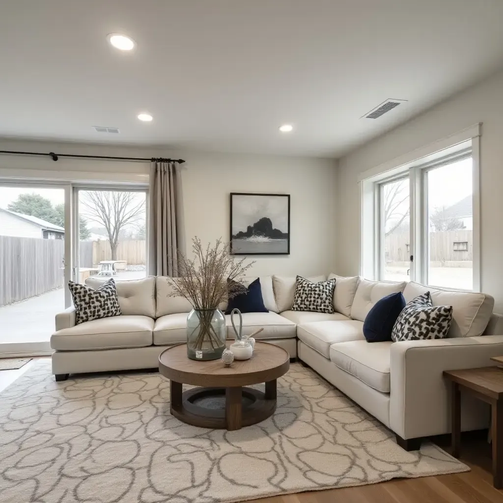 a photo of a basement family room with farmhouse decor and a large sectional