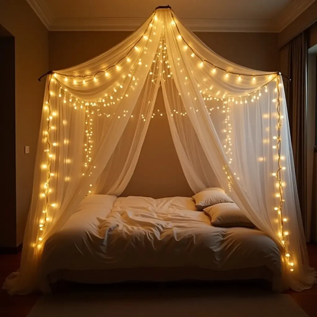 a photo of a whimsical canopy bed adorned with twinkling lights