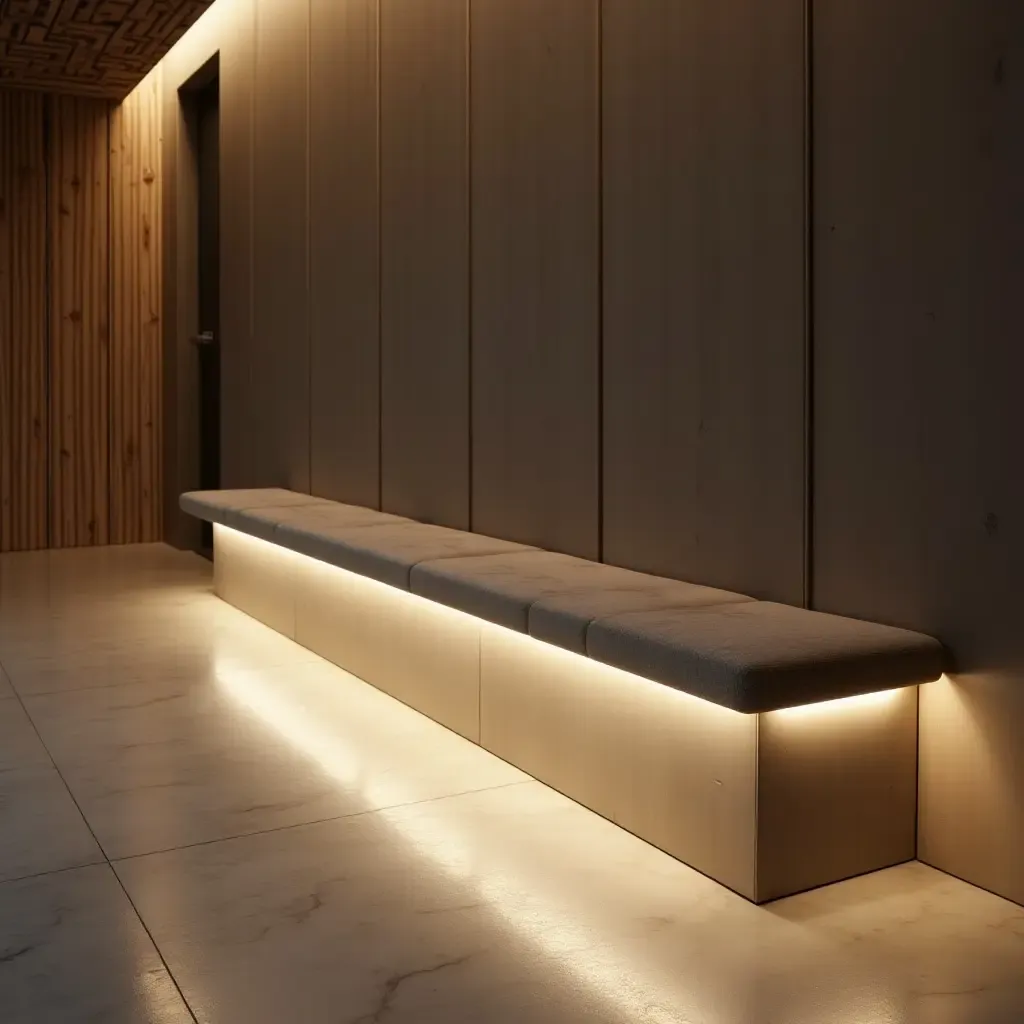 a photo of a sleek bench with LED lighting in a contemporary corridor