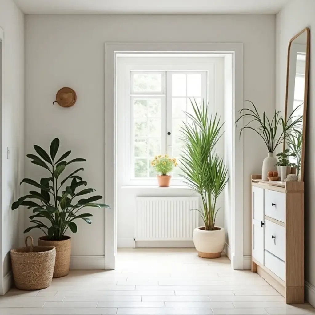 a photo of a light-filled entrance with a Scandinavian style mirror and plants