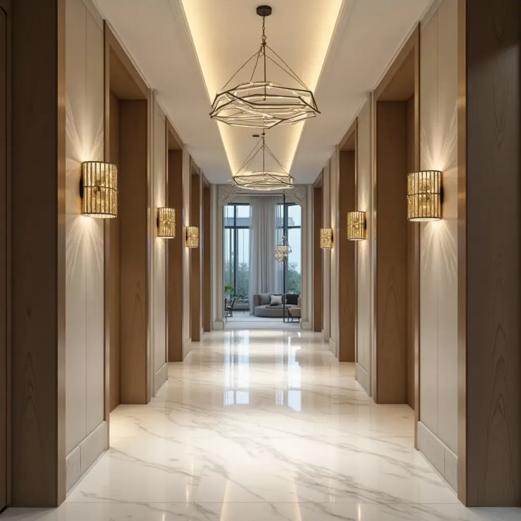 a photo of a stylish entrance hall showcasing metallic light fixtures