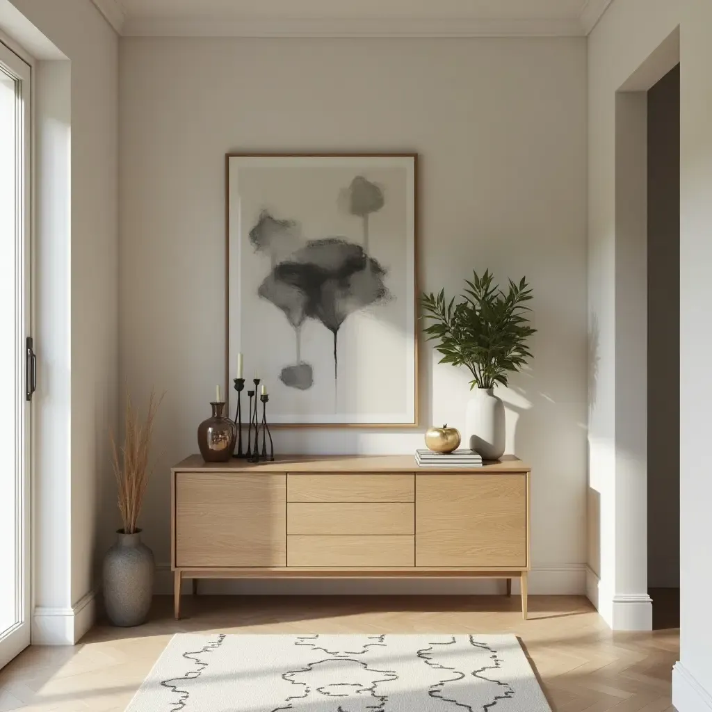 a photo of an entrance hall with artistic wall decor and storage