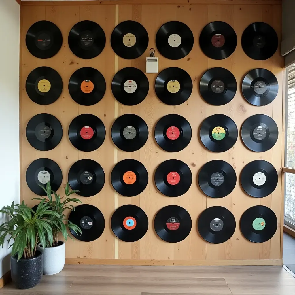 a photo of a vintage vinyl record wall art display in a basement