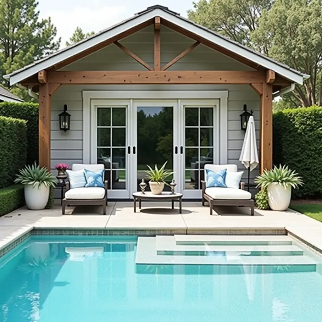 a photo of a charming outdoor space by the pool with farmhouse-inspired decor elements