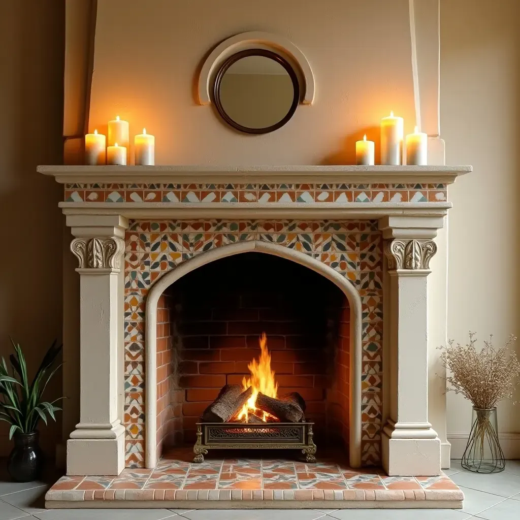 a photo of a charming fireplace adorned with Mediterranean tiles and candles