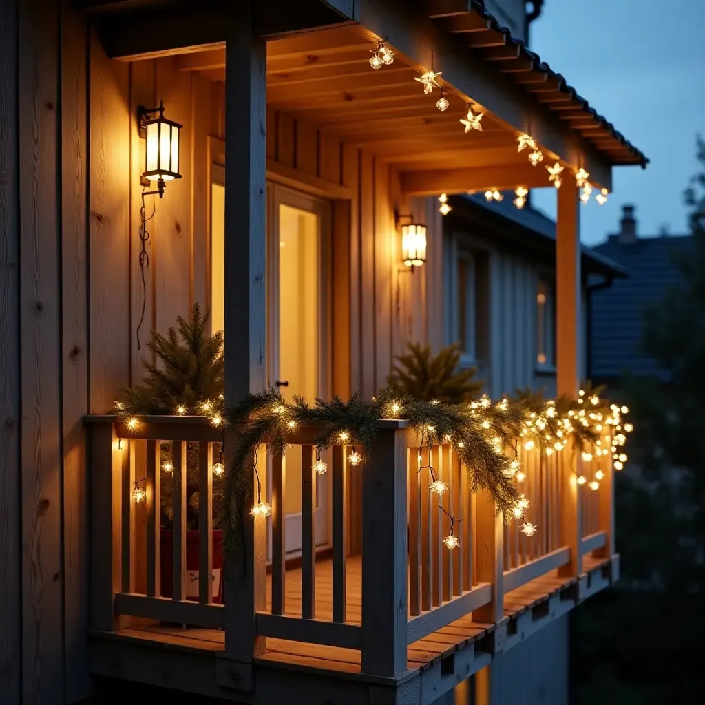 a photo of a balcony adorned with Scandinavian-inspired fairy lights and natural wood accents