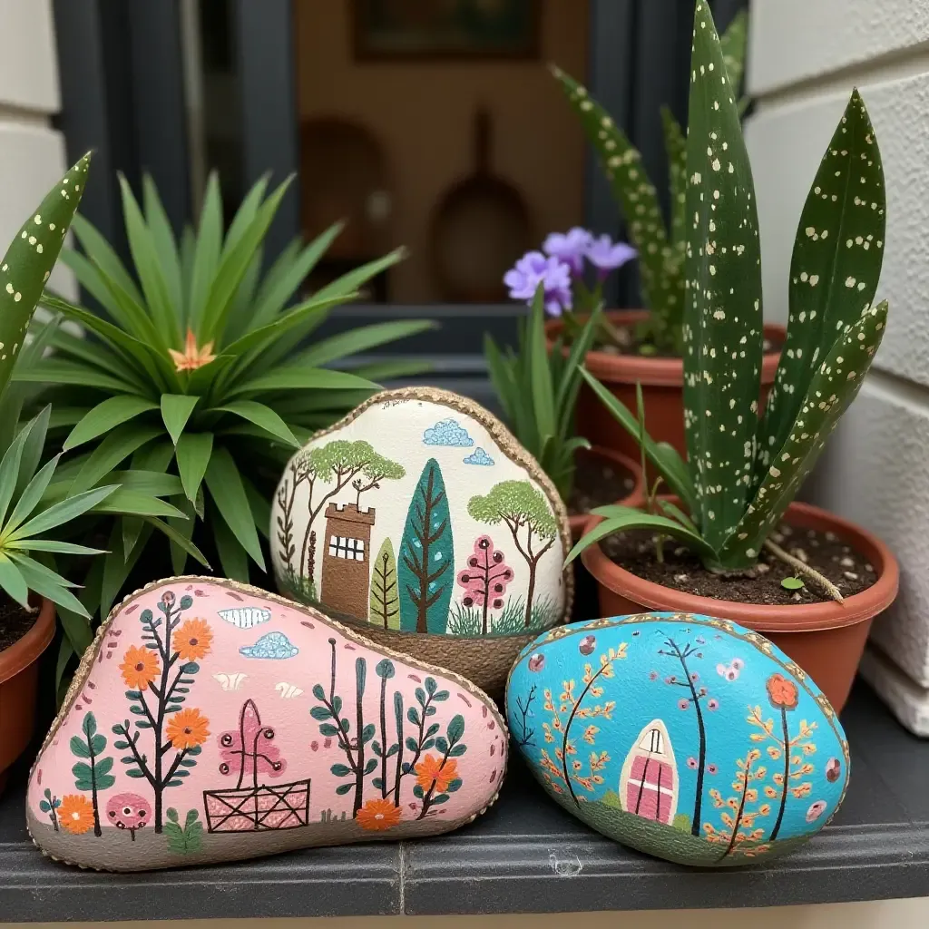 a photo of a balcony decorated with painted rocks among the plants