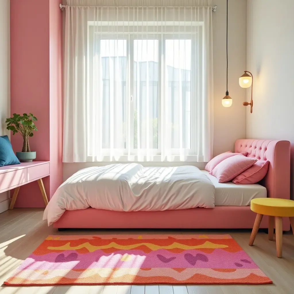 a photo of a bright and colorful rug in a playful bedroom design