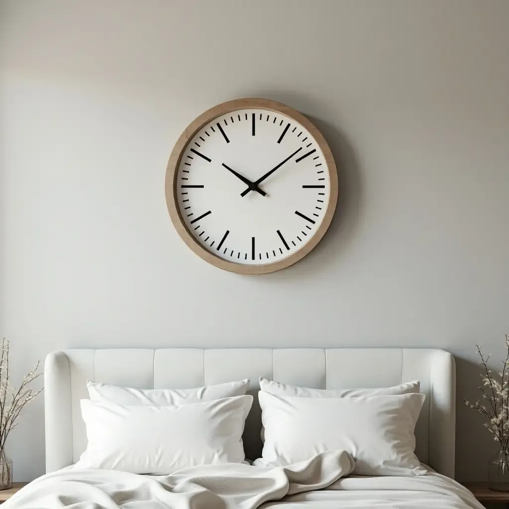 a photo of a modern clock as decor above a bed