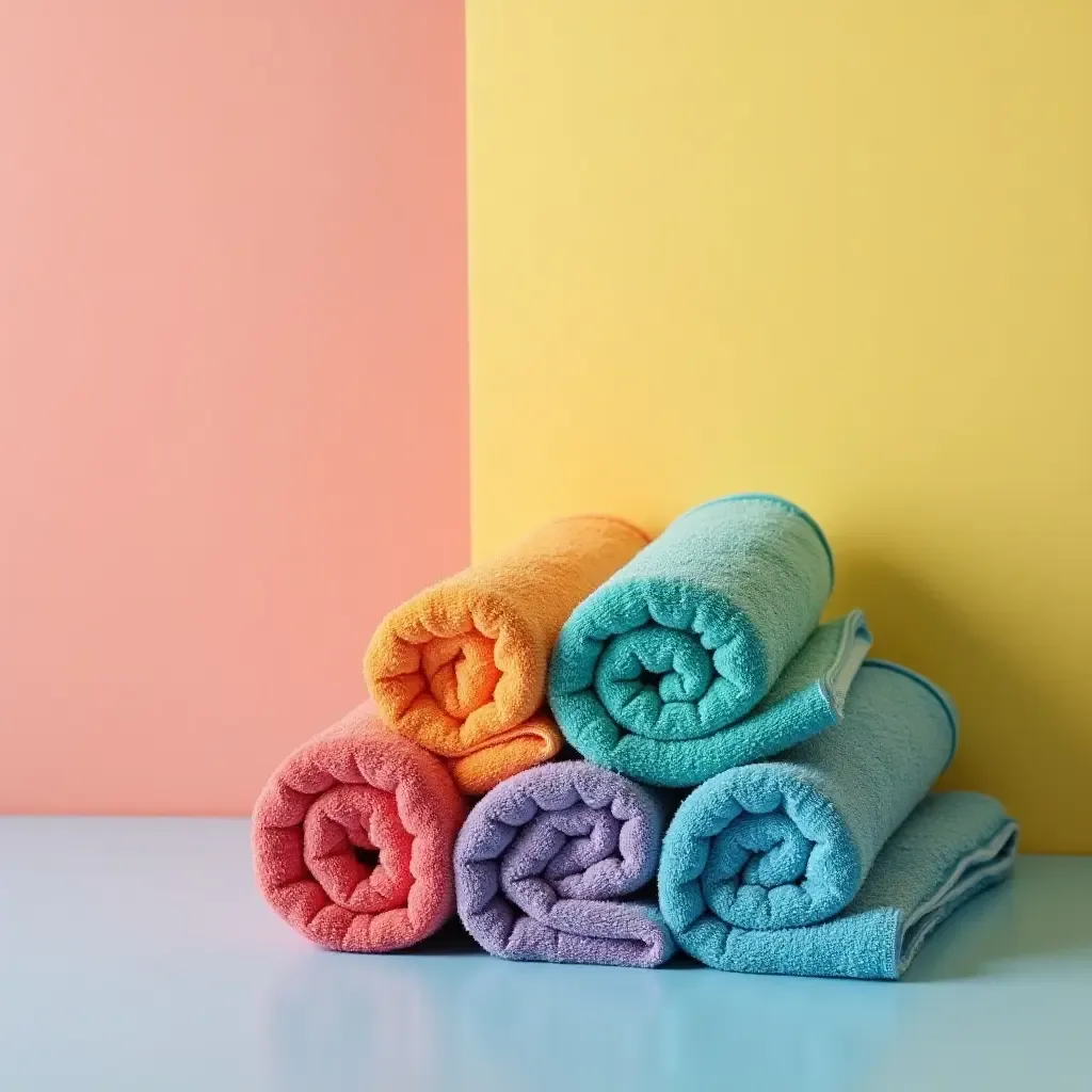 a photo of towels in a rainbow of colors brightening a bathroom