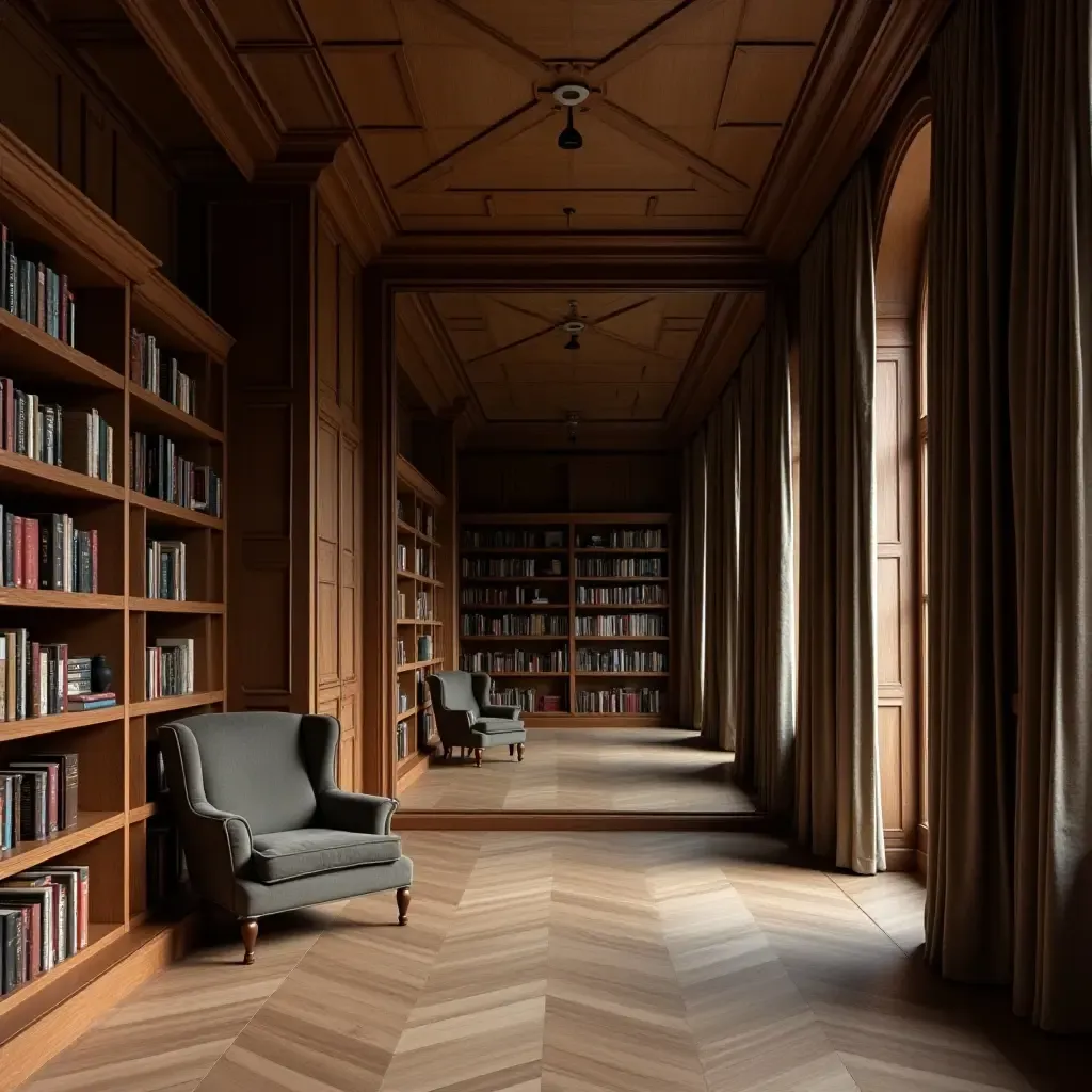 a photo of a library with a floor-to-ceiling mirror