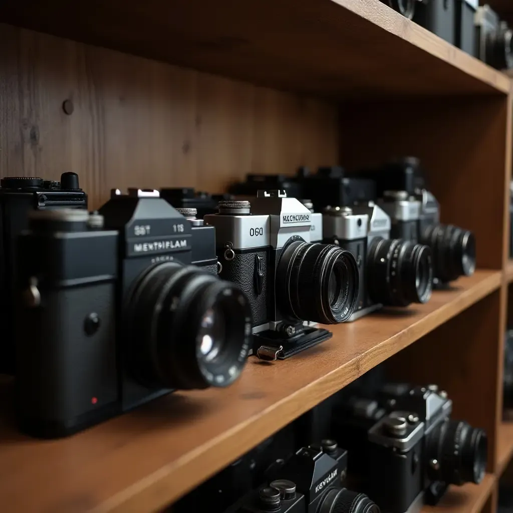 a photo of a collection of vintage cameras displayed on a shelf