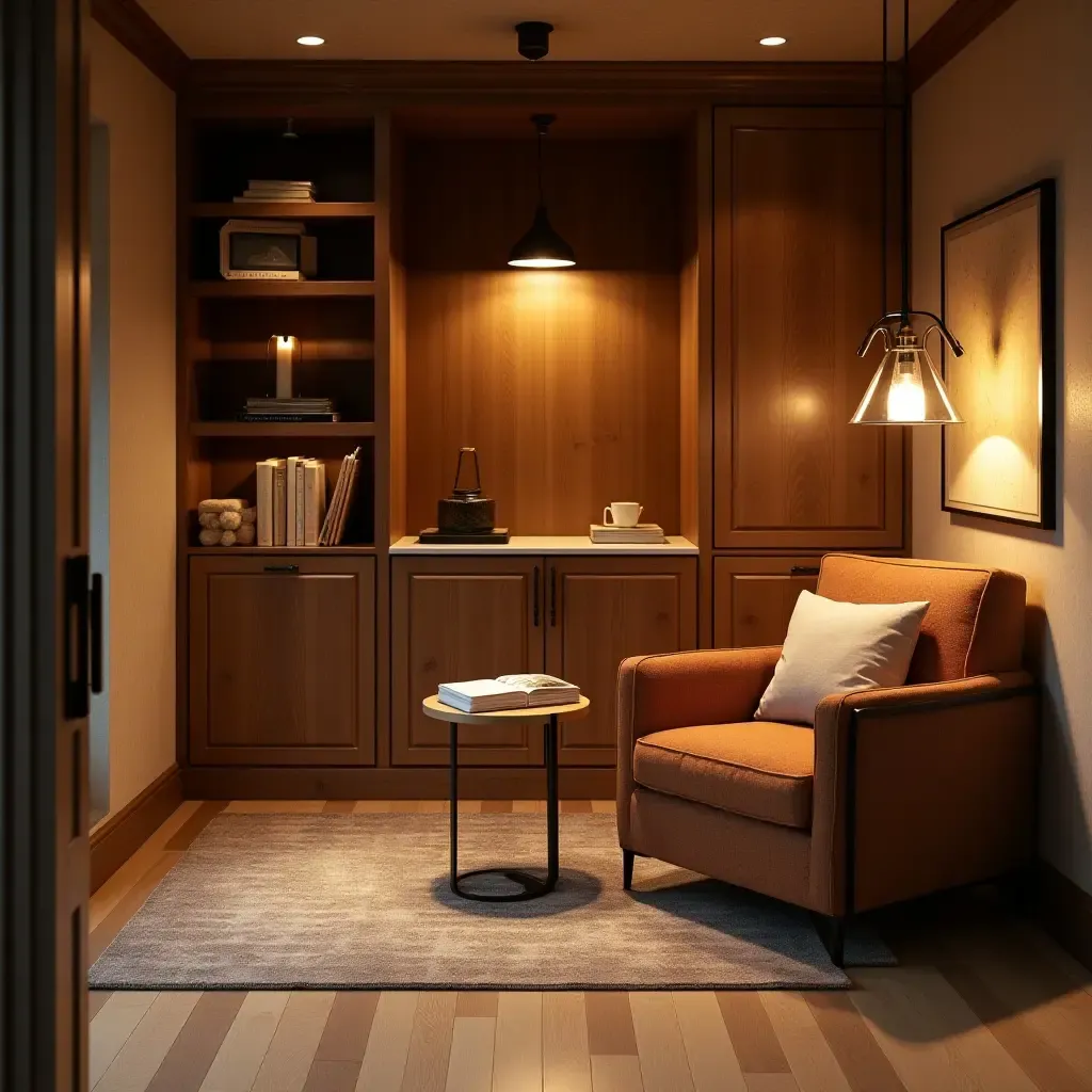 a photo of a basement reading nook with warm pendant lights