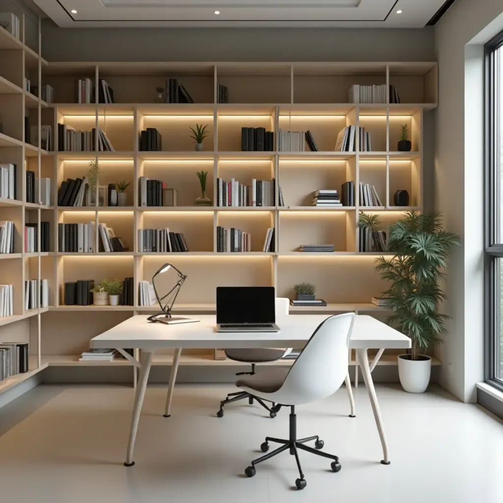 a photo of a serene workspace in a minimalist library with a laptop