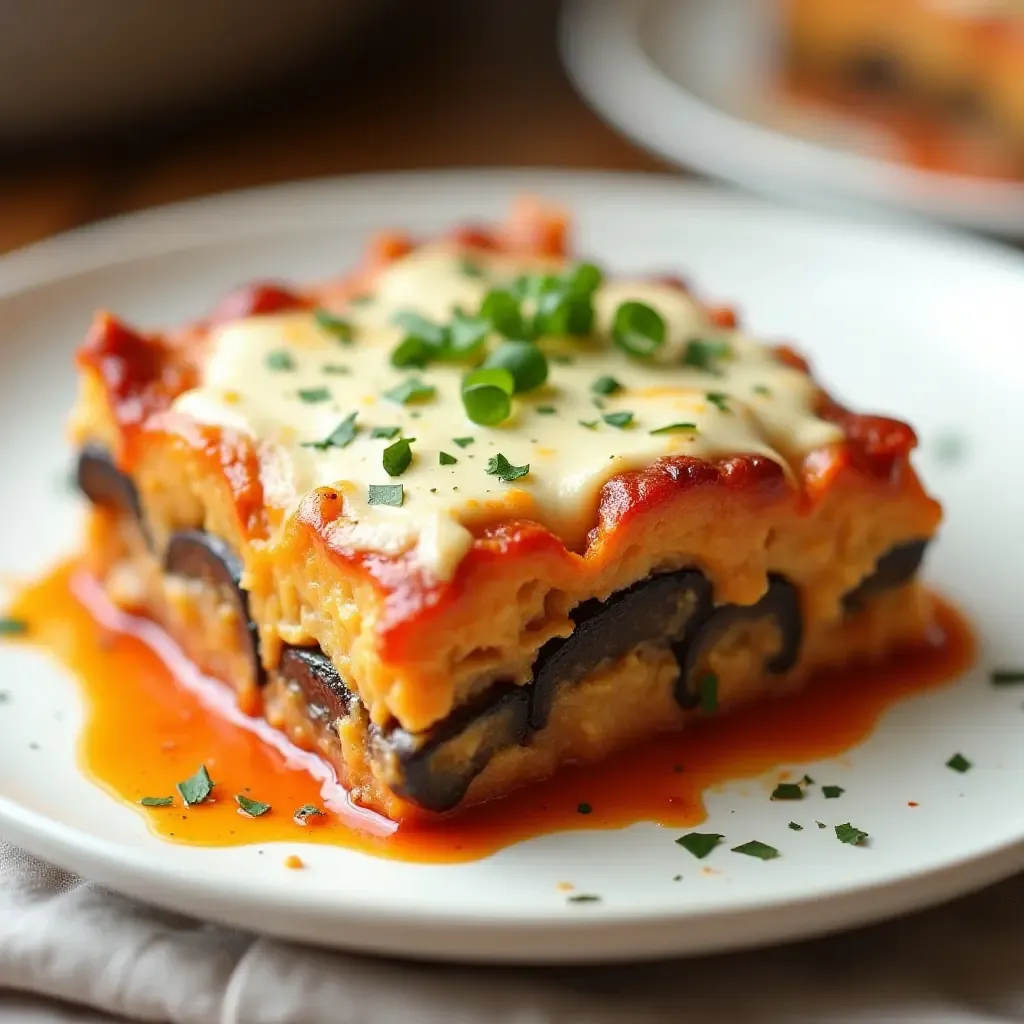 a photo of a vibrant Greek vegetarian moussaka with eggplant and creamy béchamel.