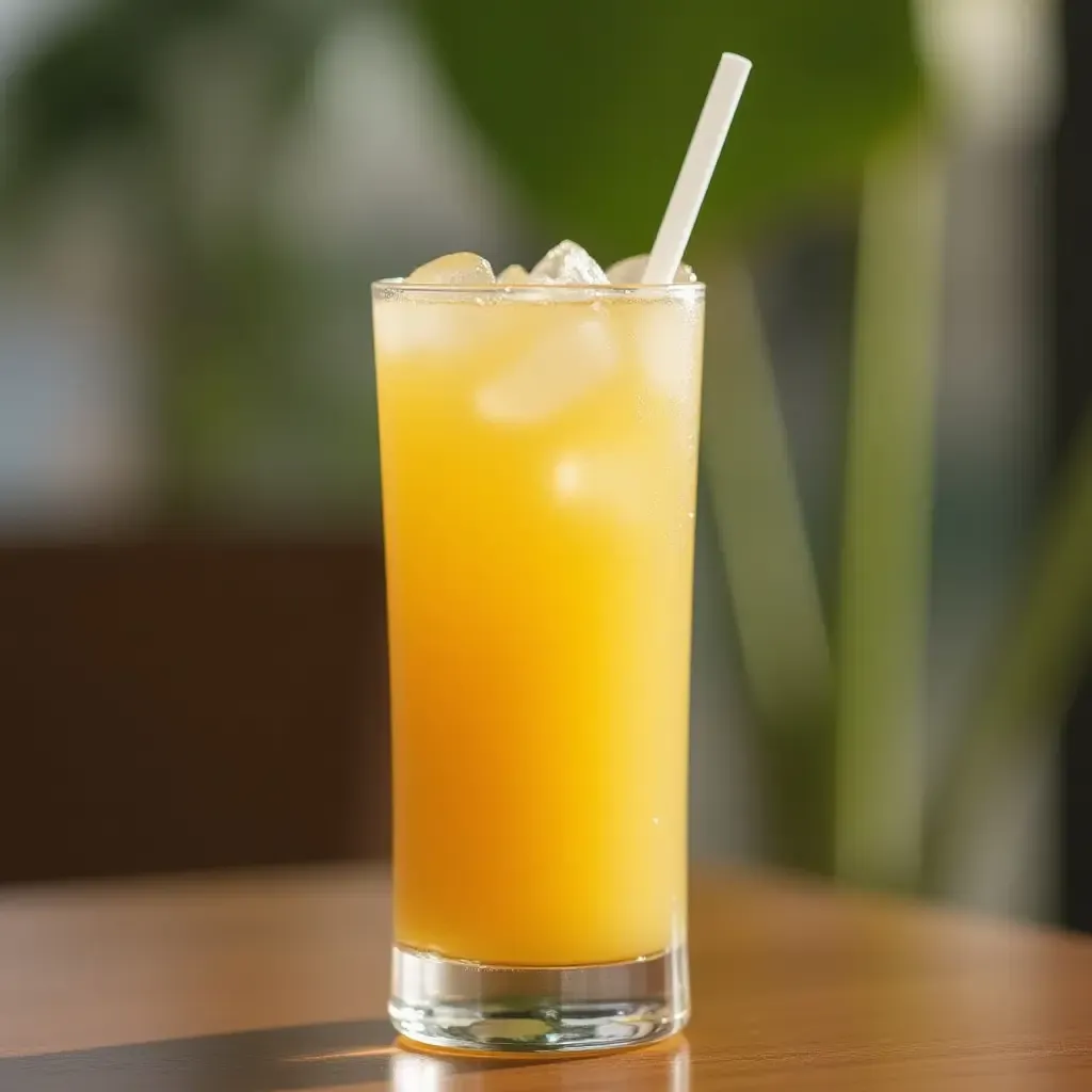 a photo of a tall glass of Nước Mía, Vietnamese sugarcane juice, with ice and a straw.