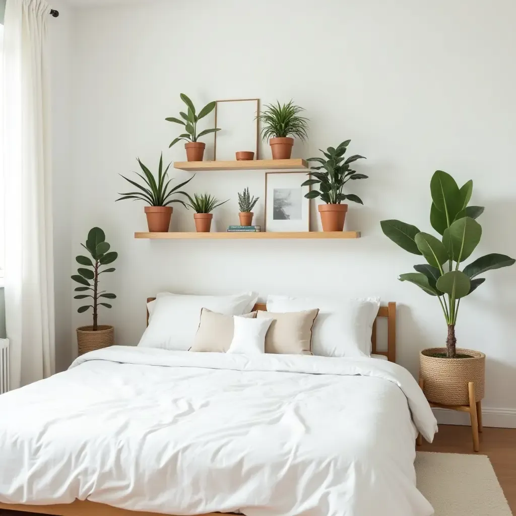 a photo of a bedroom with potted plants arranged on floating shelves