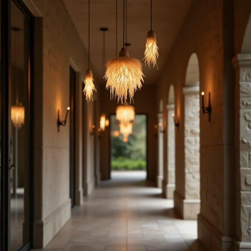 a photo of a corridor with pendant lights featuring nature-inspired designs