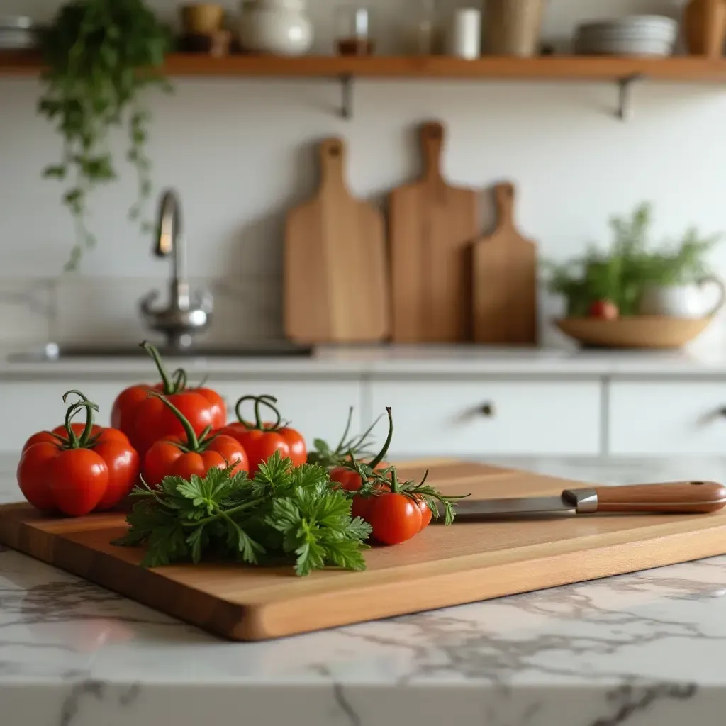 a photo of a kitchen showcasing a Mediterranean-style cutting board