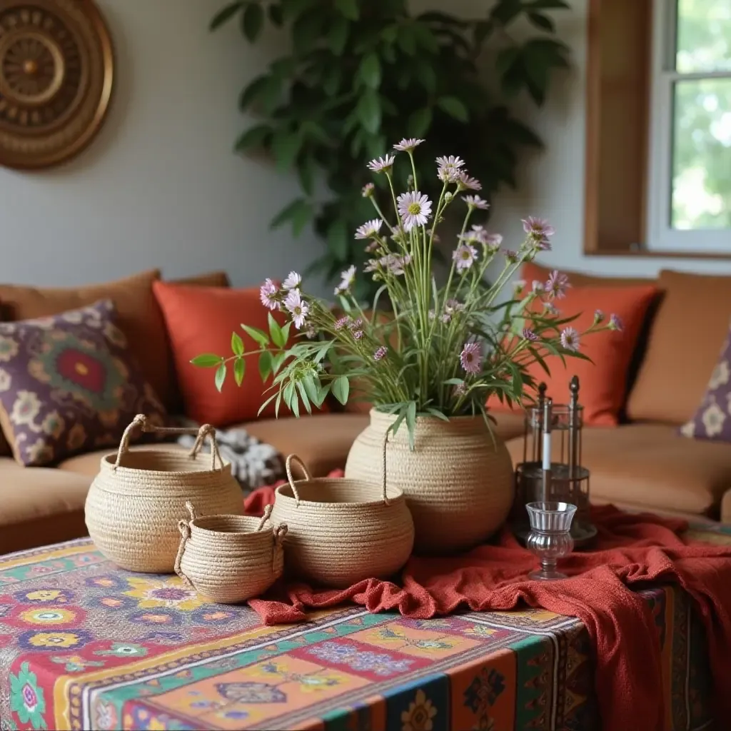 a photo of a bohemian coffee table centerpiece with woven baskets and colorful textiles