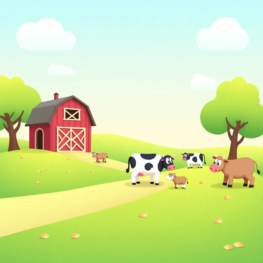 a photo of a cheerful farm landscape with barn and animals