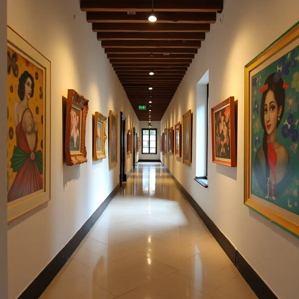 a photo of a corridor lined with quirky art pieces