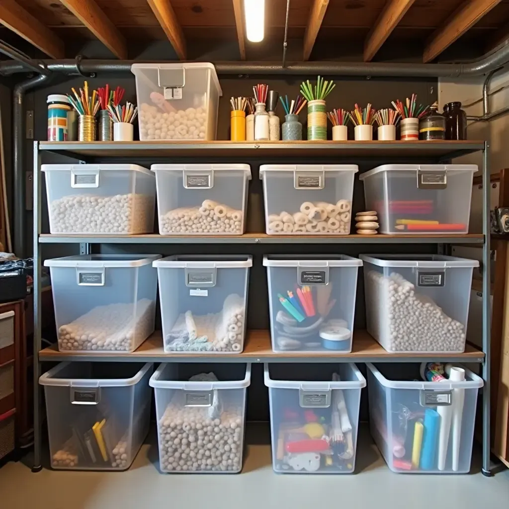 a photo of a basement with organized craft supplies in clear bins