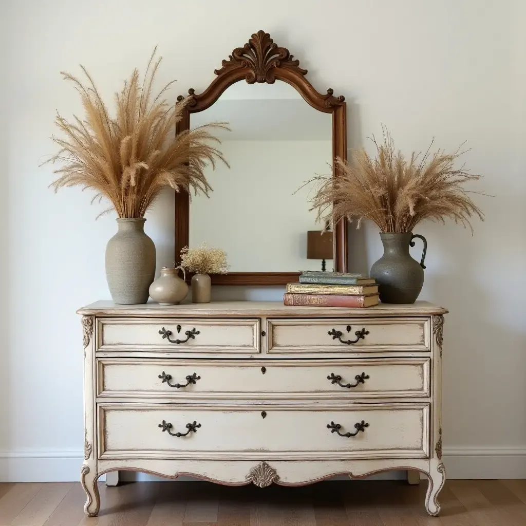 a photo of a vintage dresser adorned with antique mirrors and dried flowers