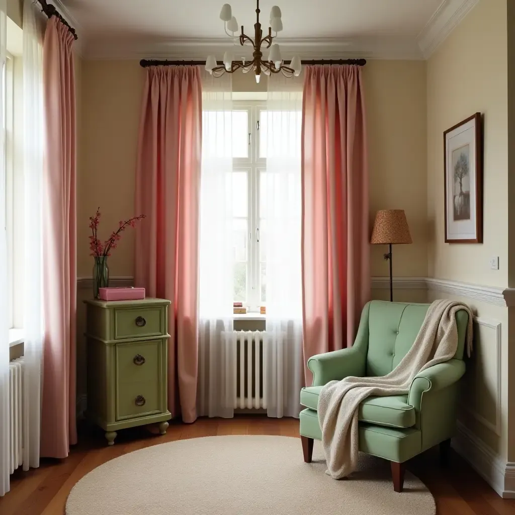 a photo of a vintage-inspired bedroom with dusty pink curtains and green furniture