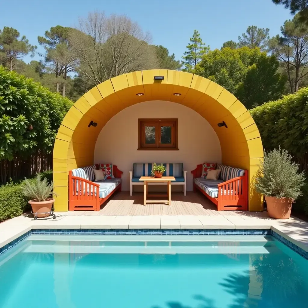 a photo of a colorful poolside area with playful storage ideas