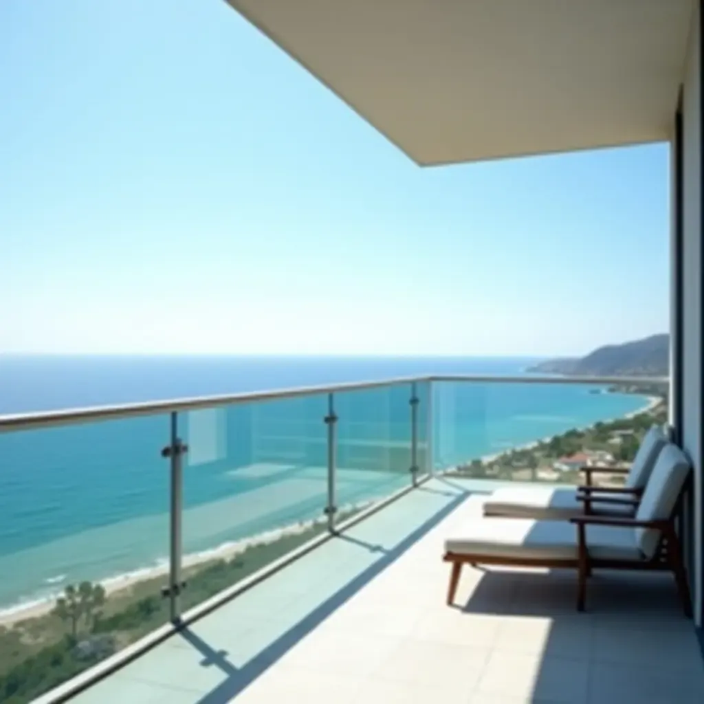 a photo of a balcony with a glass railing and ocean view