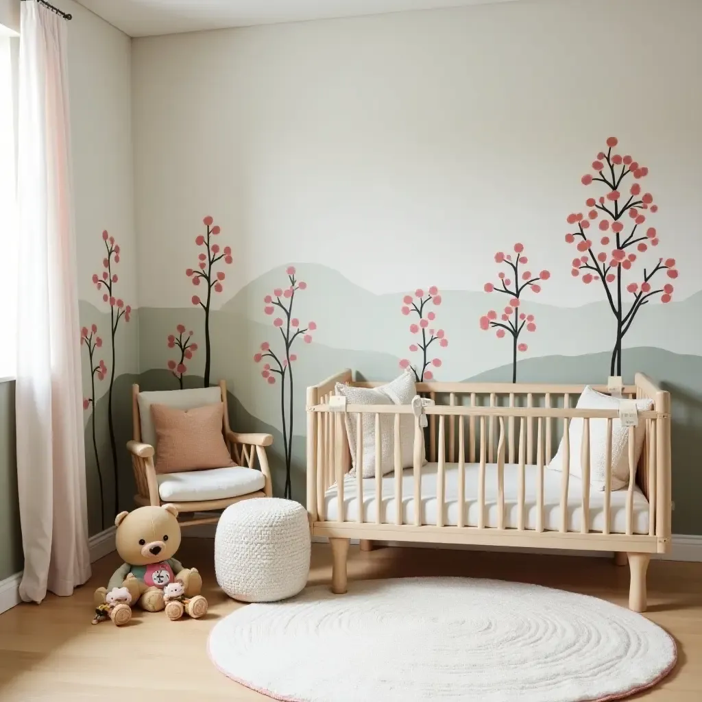 a photo of a vintage-inspired children&#x27;s room with a farmhouse mural and toys