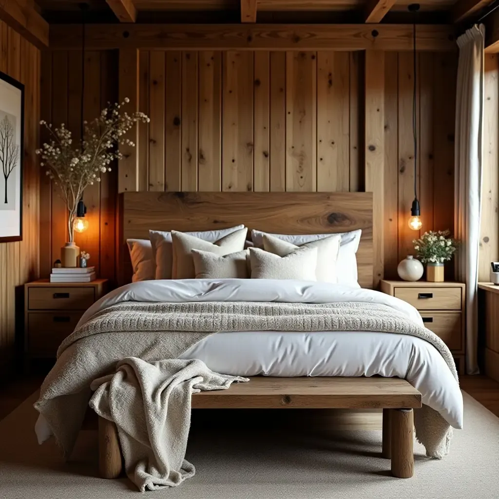 a photo of a rustic bedroom with reclaimed wood furniture and cozy blankets