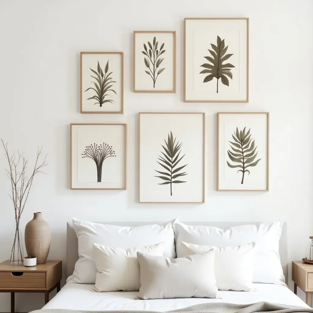 a photo of a nature-inspired gallery wall with botanical prints and textures