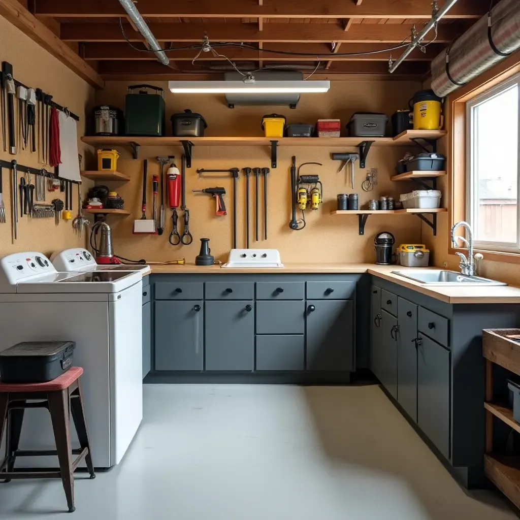 a photo of a basement utility room with organized tools and storage