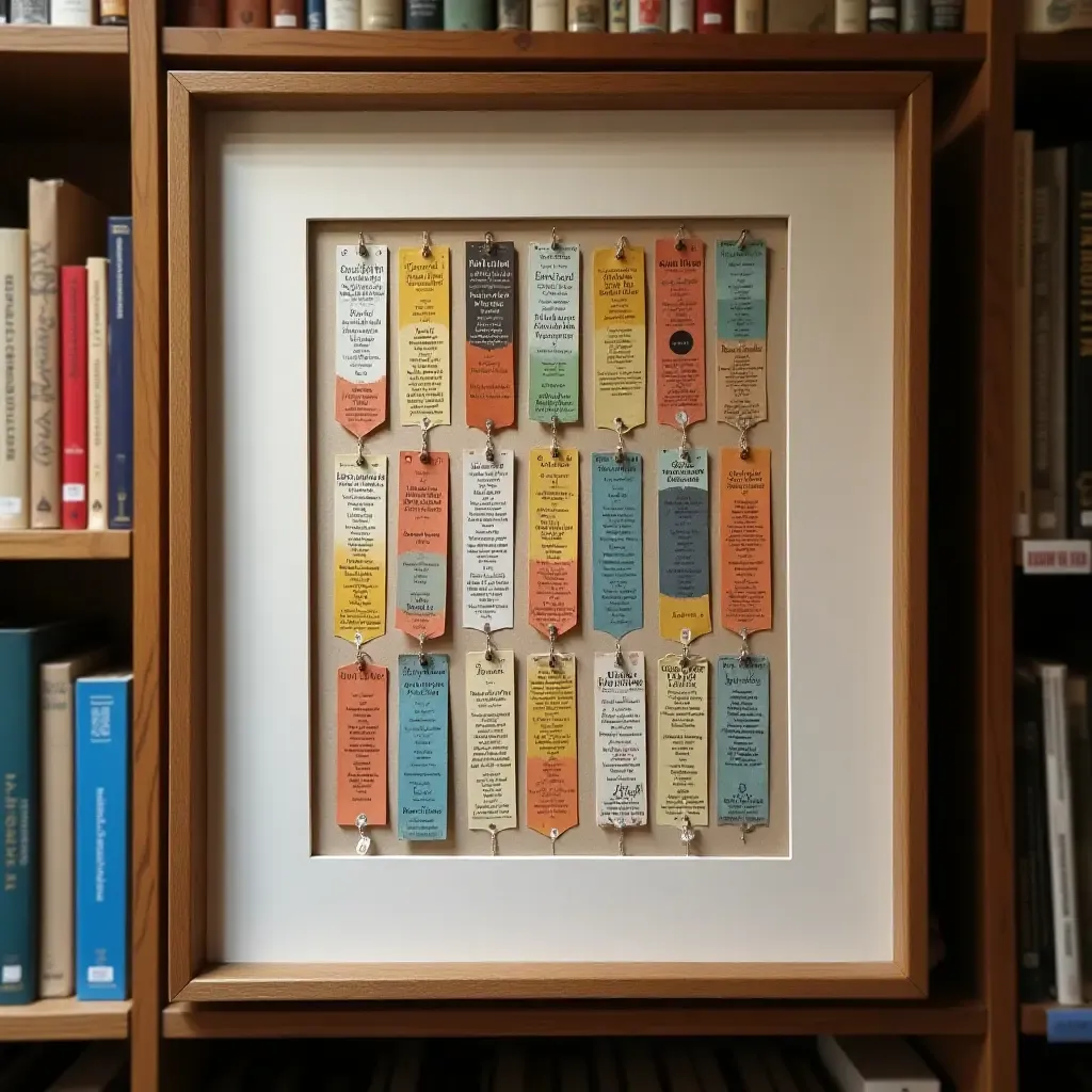 a photo of a collage of bookmarks framed on a library wall