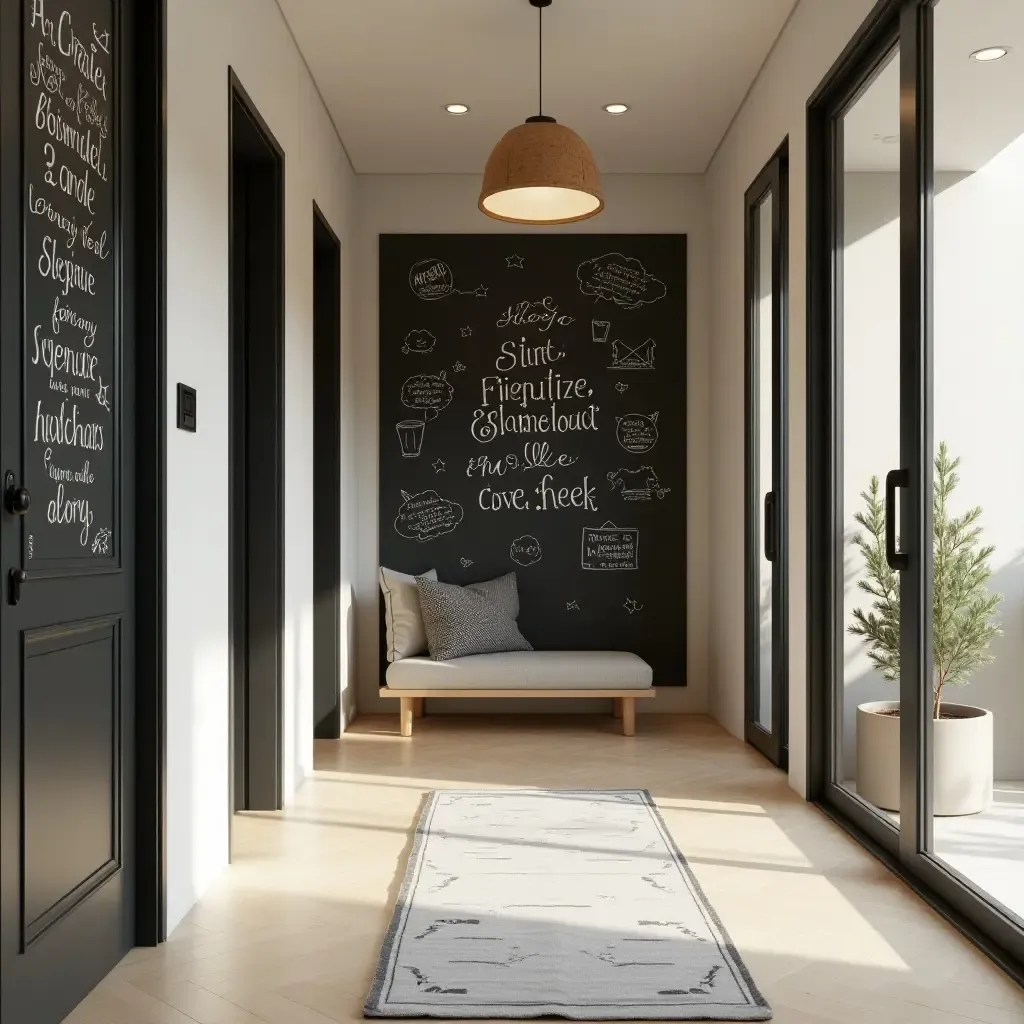 a photo of a bright entrance hall with a chalkboard wall for doodles and messages