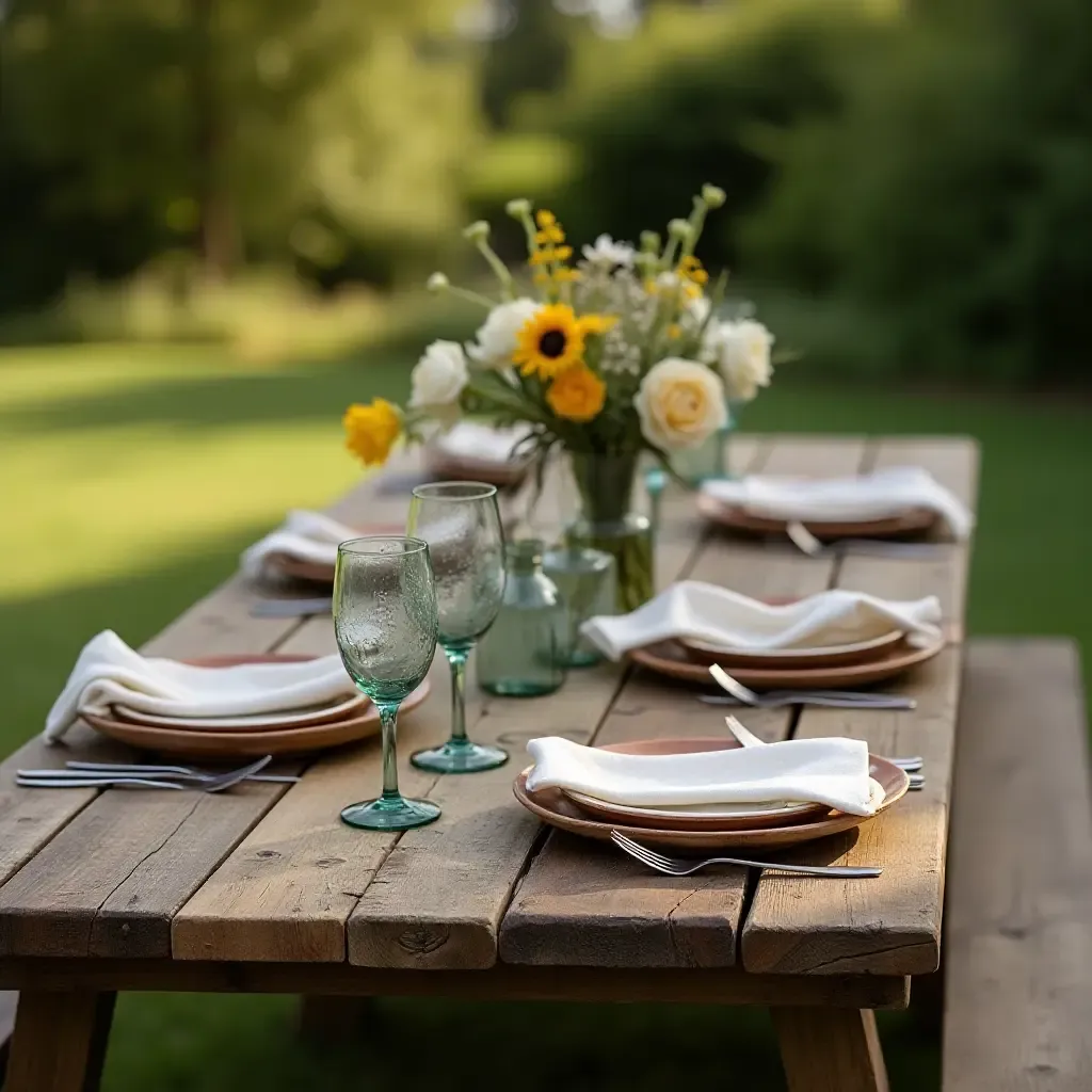 a photo of a rustic farmhouse table set for an outdoor meal