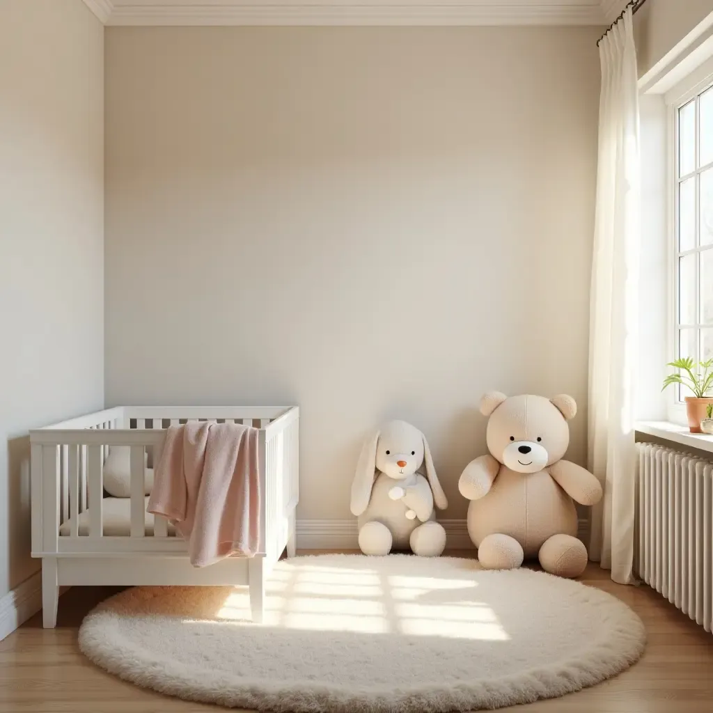 a photo of a nursery featuring a soft rug and gentle lighting for a cozy atmosphere