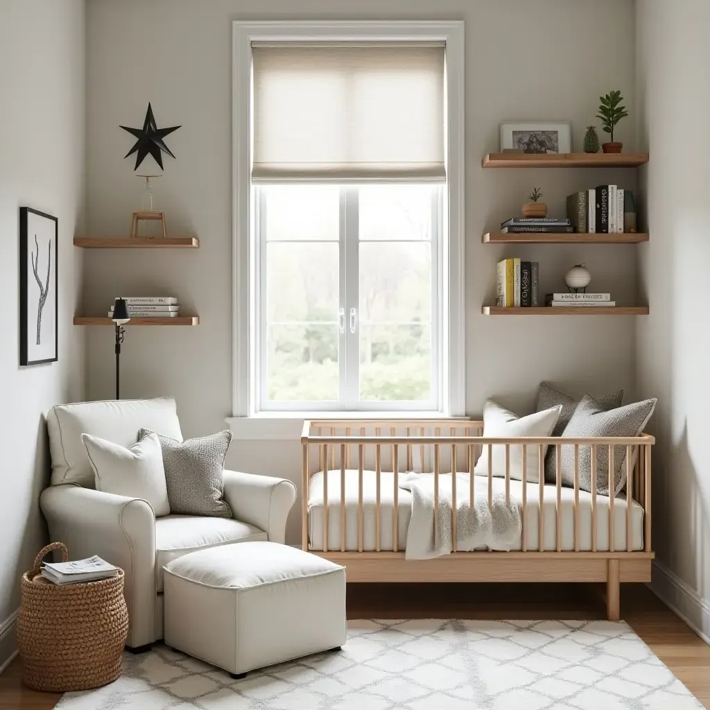 a photo of a cozy reading nook with industrial shelving in a nursery