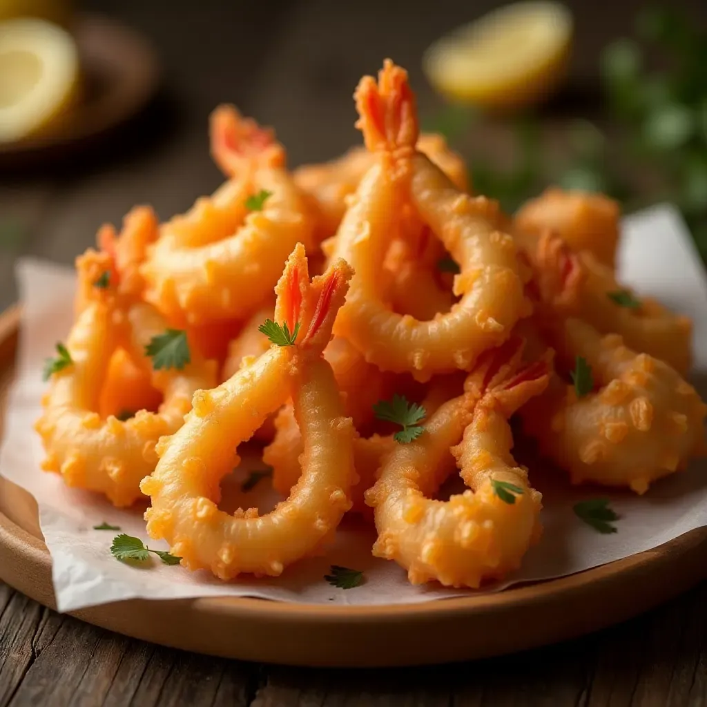 a photo of a delicate fritto misto di mare arranged on a wooden platter