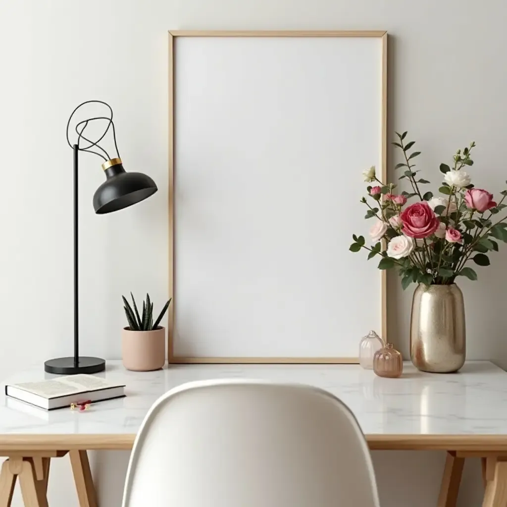 a photo of a small desk with a floral arrangement and stationery