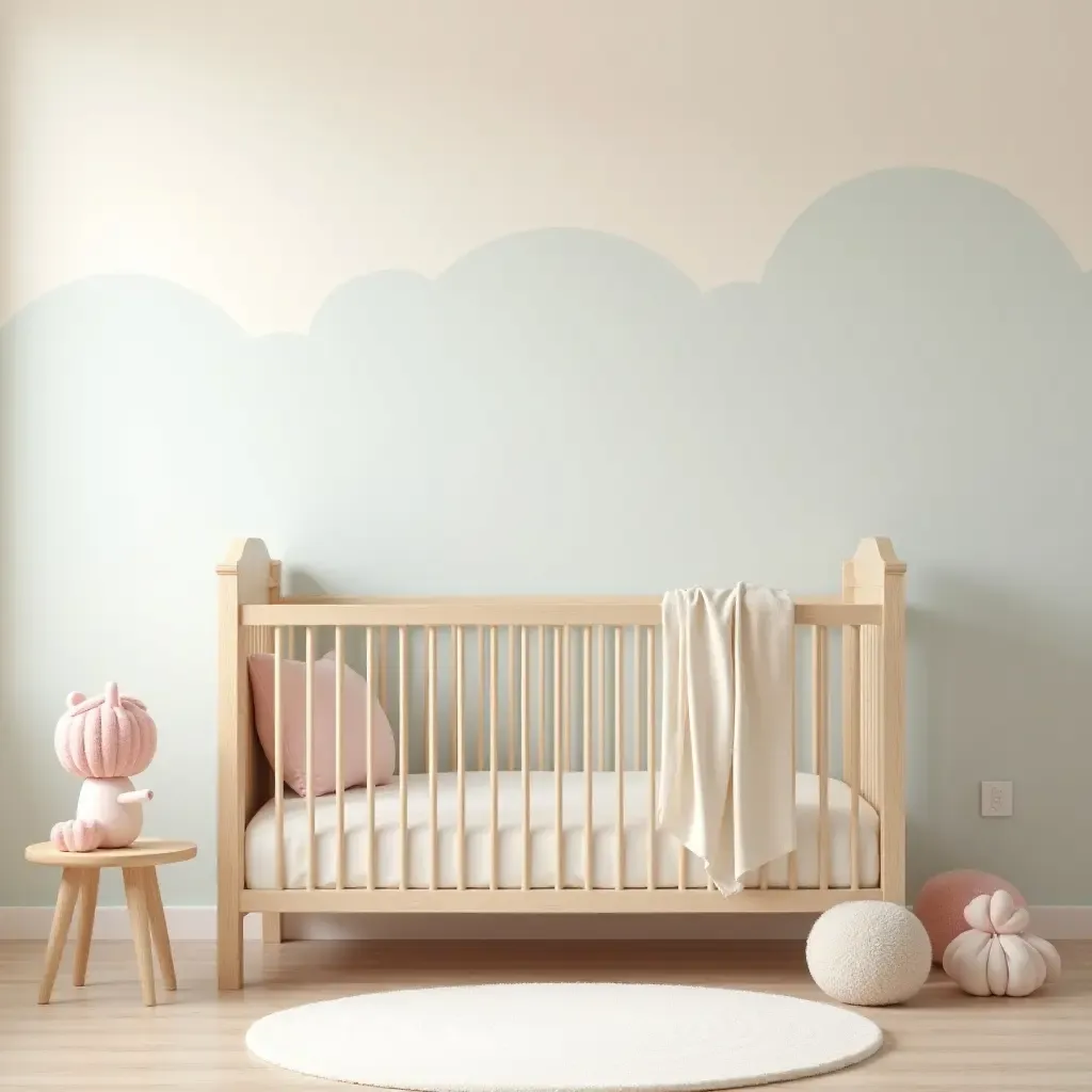 a photo of a nursery with wooden accents and pastel colors