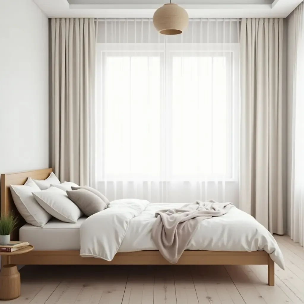 a photo of a Scandinavian-inspired bedroom with a simple bed and airy curtains